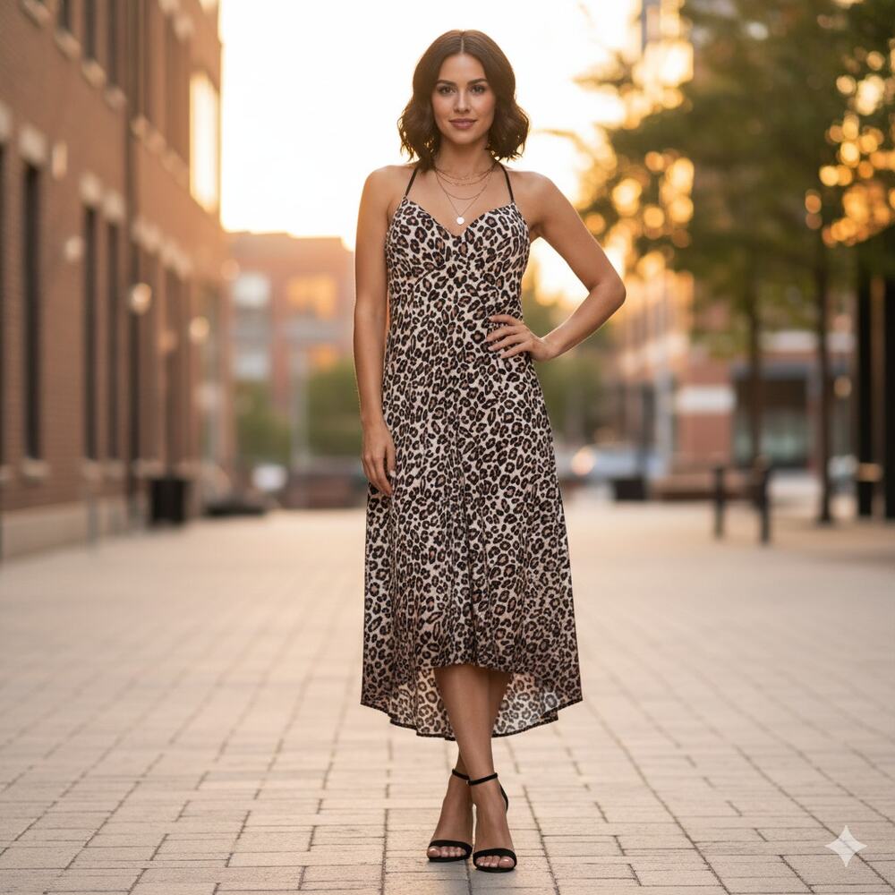 OC by OC Animal Leopard Print Dress Adjustable Halter Neck High Low Hem Size 6